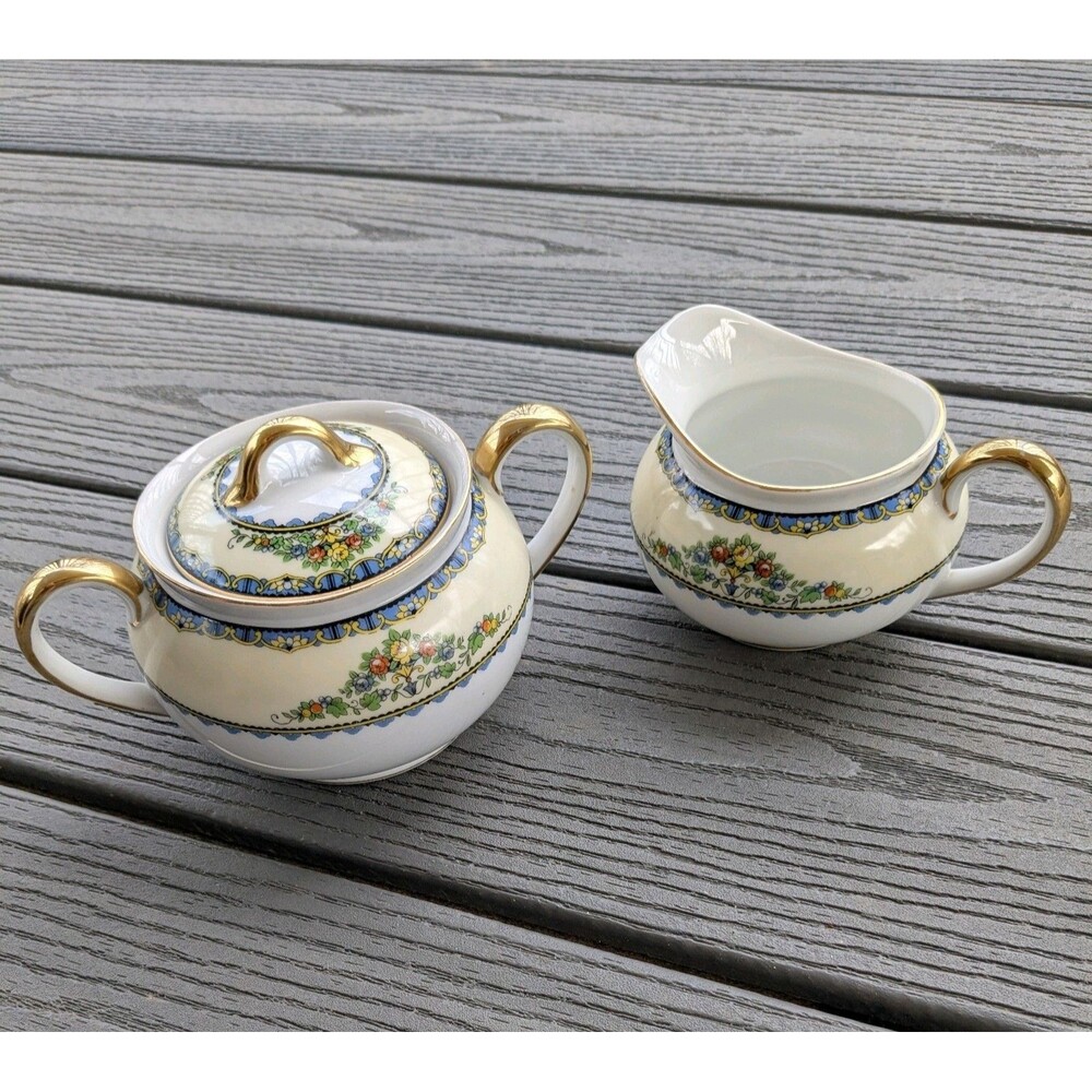 Noritake Avril China Creamer & Sugar w Lid 1918-1931 Floral Gold Blue Antique